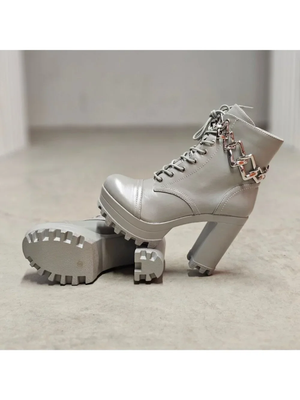 Chunky Platform Lace-Up Ankle Boots With Chain Detail In Light Olive Faux Leathe